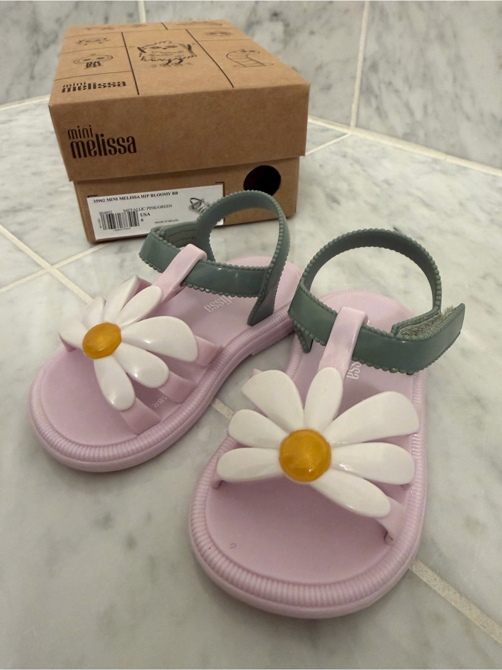 Mini Melissa Pink Daisy Sandals with Green Strap